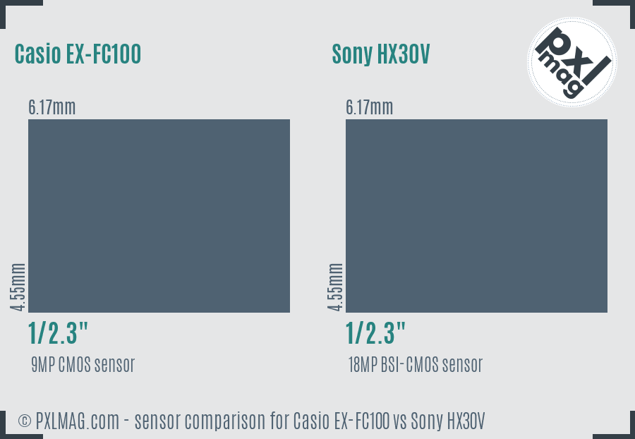Casio EX-FC100 vs Sony HX30V sensor size comparison