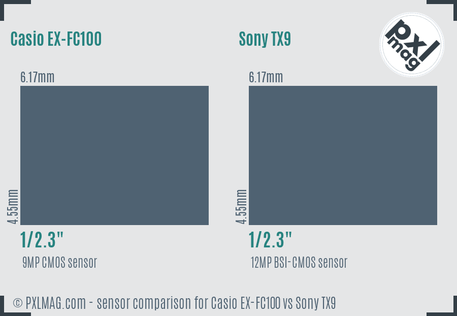 Casio EX-FC100 vs Sony TX9 sensor size comparison