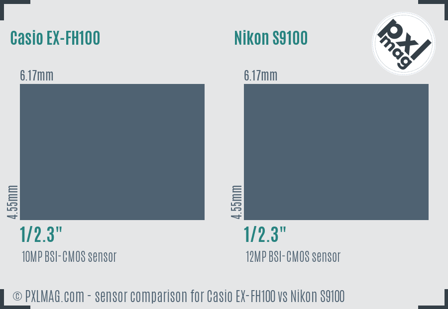 Casio EX-FH100 vs Nikon S9100 sensor size comparison