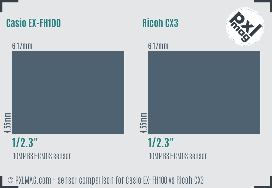 Casio EX-FH100 vs Ricoh CX3 sensor size comparison