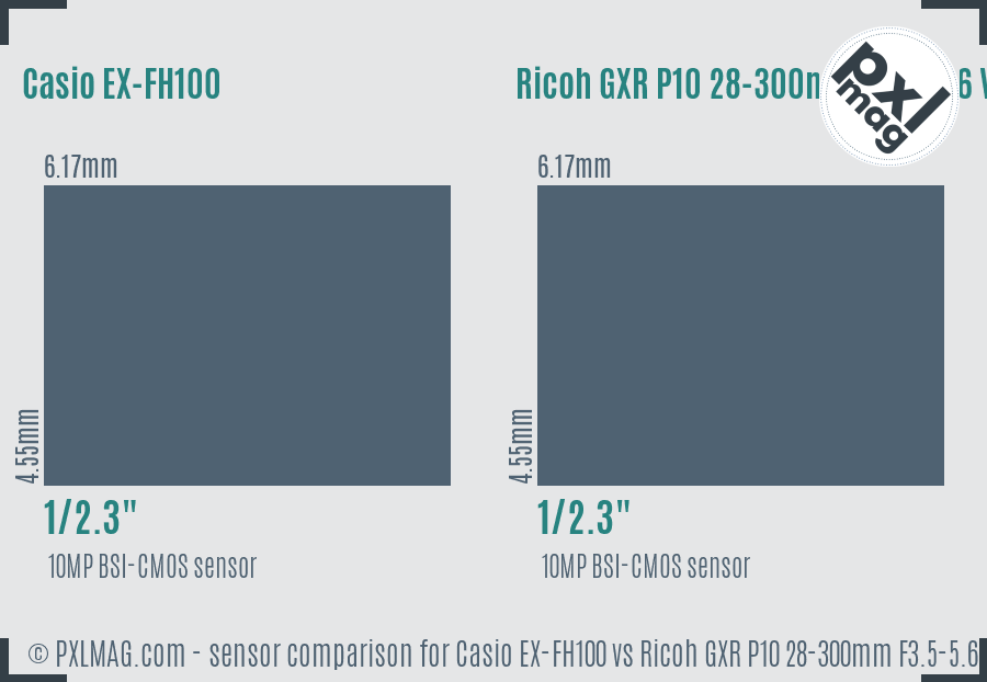 Casio EX-FH100 vs Ricoh GXR P10 28-300mm F3.5-5.6 VC sensor size comparison