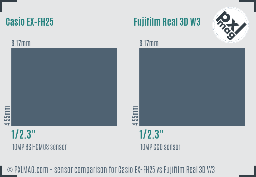 Casio EX-FH25 vs Fujifilm Real 3D W3 sensor size comparison