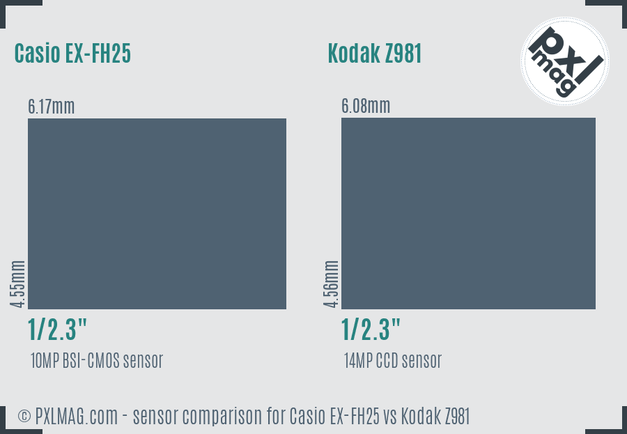 Casio EX-FH25 vs Kodak Z981 sensor size comparison