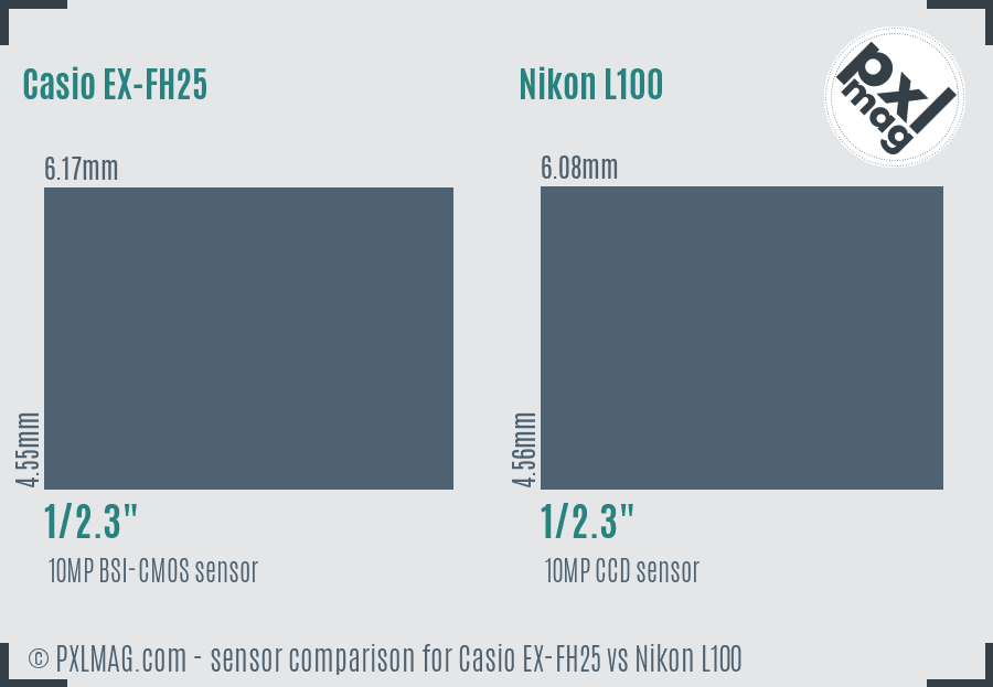 Casio EX-FH25 vs Nikon L100 sensor size comparison