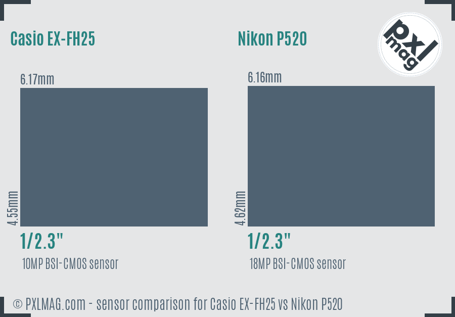 Casio EX-FH25 vs Nikon P520 sensor size comparison