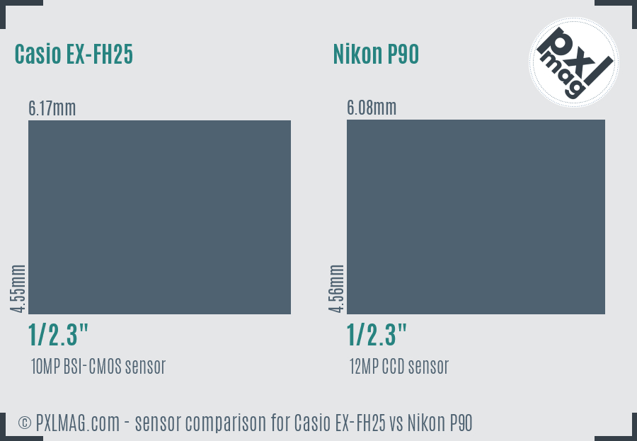 Casio EX-FH25 vs Nikon P90 sensor size comparison