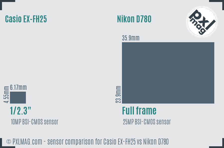 Casio EX-FH25 vs Nikon D780 sensor size comparison
