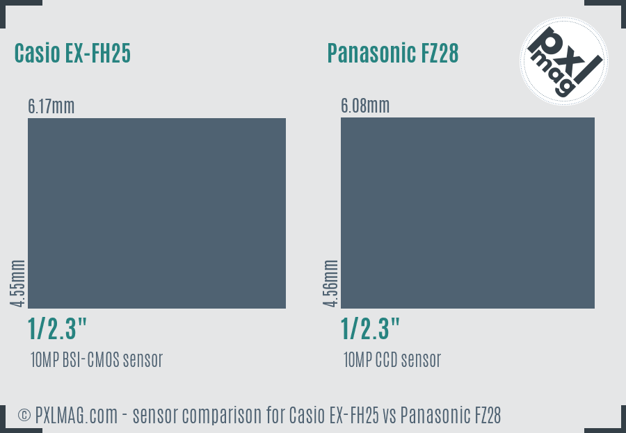 Casio EX-FH25 vs Panasonic FZ28 sensor size comparison