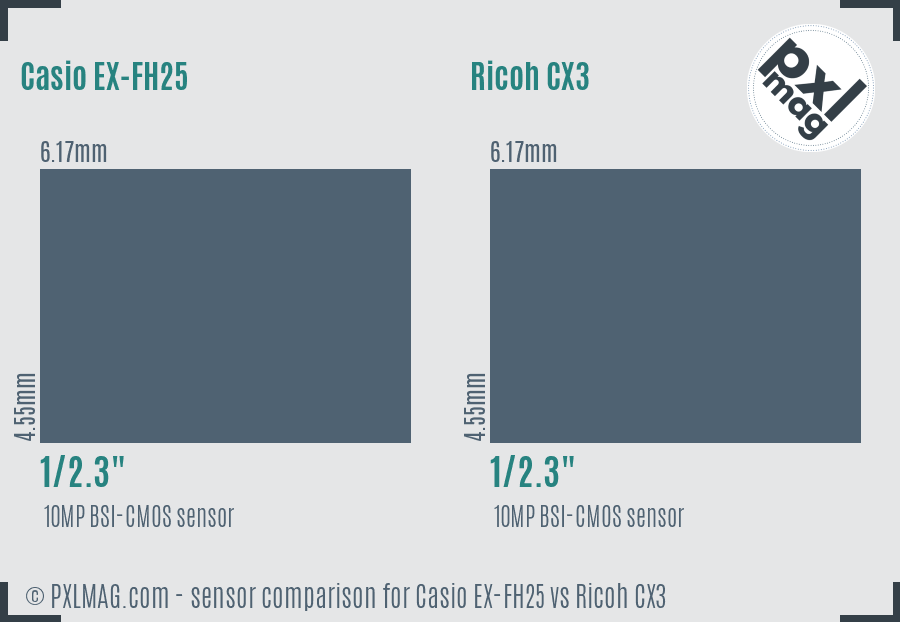 Casio EX-FH25 vs Ricoh CX3 sensor size comparison