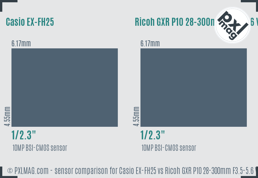 Casio EX-FH25 vs Ricoh GXR P10 28-300mm F3.5-5.6 VC sensor size comparison