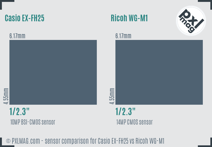 Casio EX-FH25 vs Ricoh WG-M1 sensor size comparison