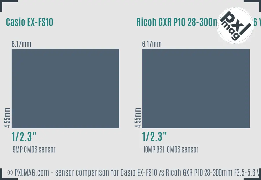 Casio EX-FS10 vs Ricoh GXR P10 28-300mm F3.5-5.6 VC sensor size comparison