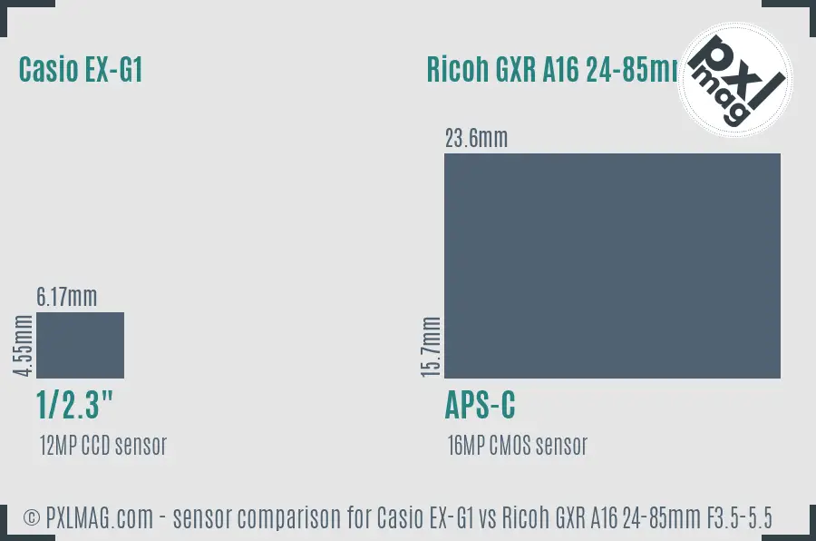 Casio EX-G1 vs Ricoh GXR A16 24-85mm F3.5-5.5 sensor size comparison