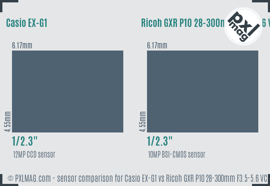 Casio EX-G1 vs Ricoh GXR P10 28-300mm F3.5-5.6 VC sensor size comparison