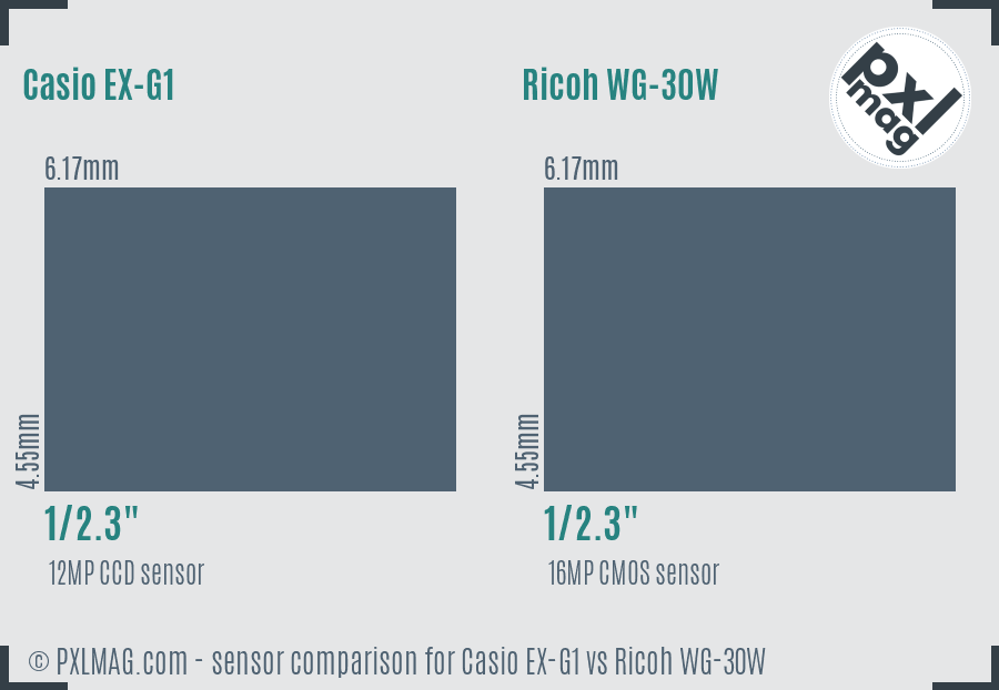 Casio EX-G1 vs Ricoh WG-30W sensor size comparison