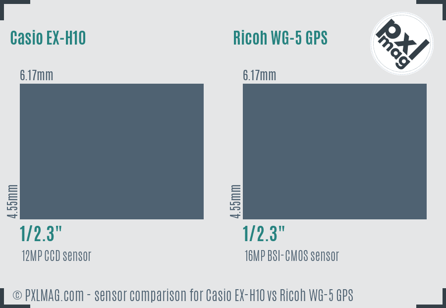 Casio EX-H10 vs Ricoh WG-5 GPS sensor size comparison