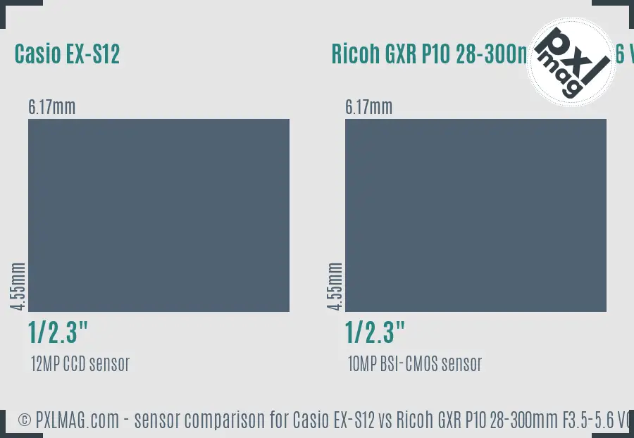 Casio EX-S12 vs Ricoh GXR P10 28-300mm F3.5-5.6 VC sensor size comparison