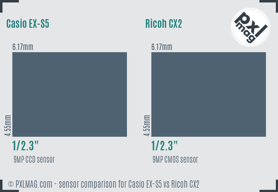 Casio EX-S5 vs Ricoh CX2 sensor size comparison