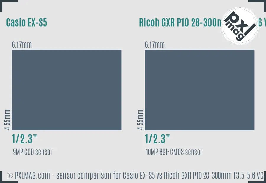 Casio EX-S5 vs Ricoh GXR P10 28-300mm F3.5-5.6 VC sensor size comparison