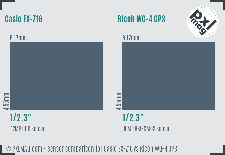 Casio EX-Z16 vs Ricoh WG-4 GPS sensor size comparison