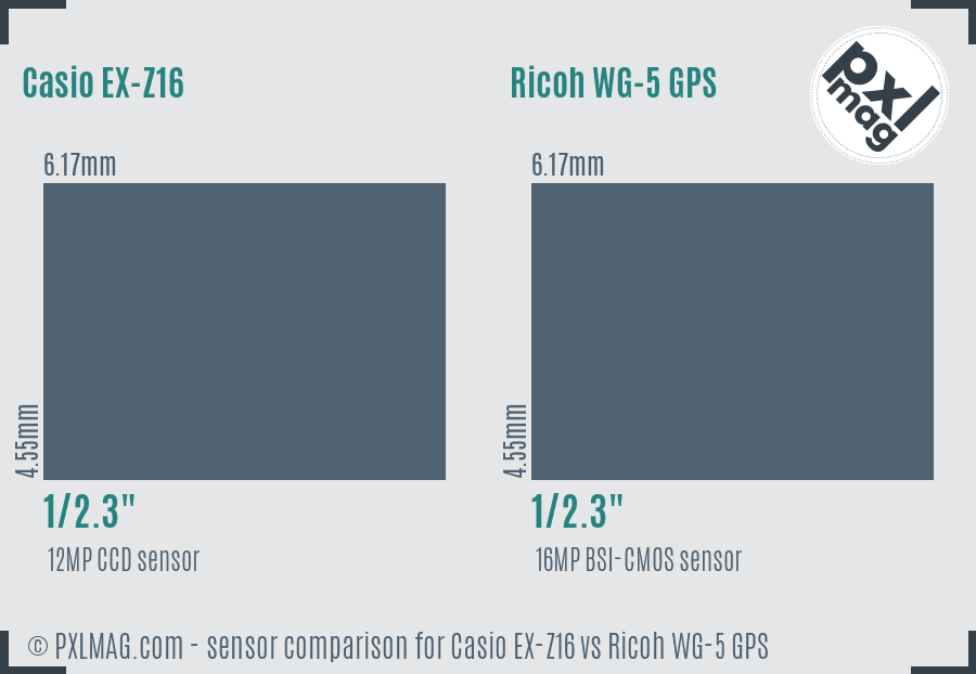 Casio EX-Z16 vs Ricoh WG-5 GPS sensor size comparison