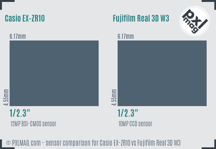 Casio EX-ZR10 vs Fujifilm Real 3D W3 sensor size comparison