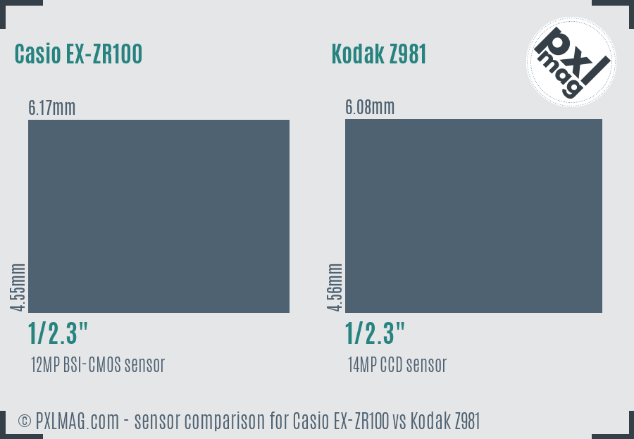 Casio EX-ZR100 vs Kodak Z981 sensor size comparison
