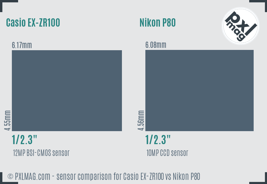 Casio EX-ZR100 vs Nikon P80 sensor size comparison