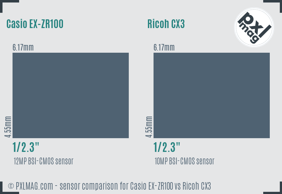 Casio EX-ZR100 vs Ricoh CX3 sensor size comparison