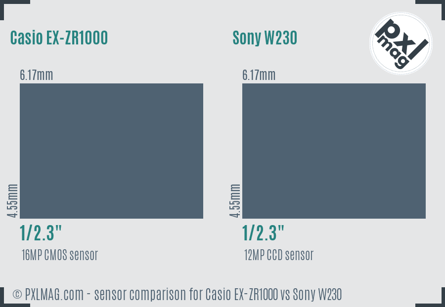 Casio EX-ZR1000 vs Sony W230 sensor size comparison