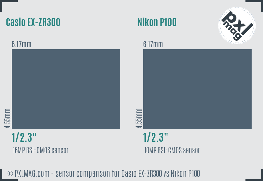 Casio EX-ZR300 vs Nikon P100 sensor size comparison