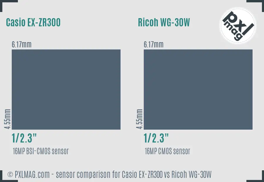 Casio EX-ZR300 vs Ricoh WG-30W sensor size comparison