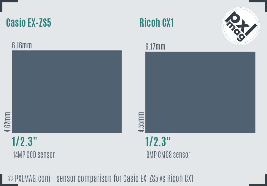 Casio EX-ZS5 vs Ricoh CX1 sensor size comparison
