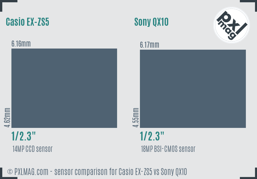 Casio EX-ZS5 vs Sony QX10 sensor size comparison