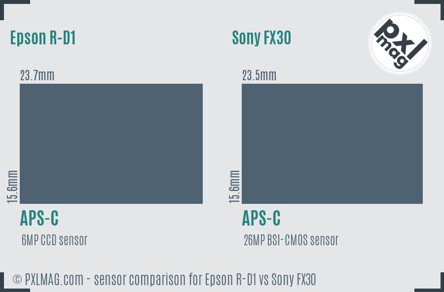 Epson R-D1 vs Sony FX30 sensor size comparison