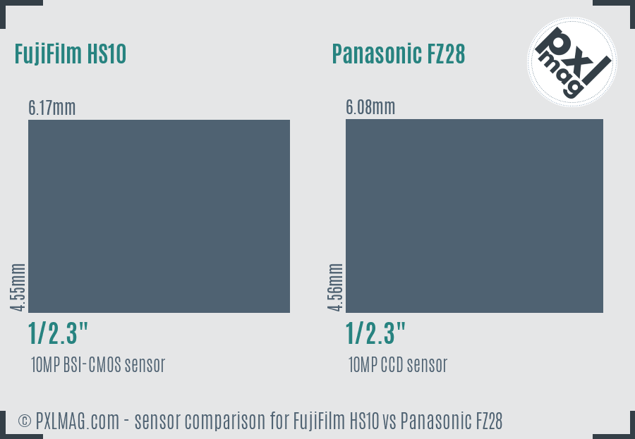 FujiFilm HS10 vs Panasonic FZ28 sensor size comparison