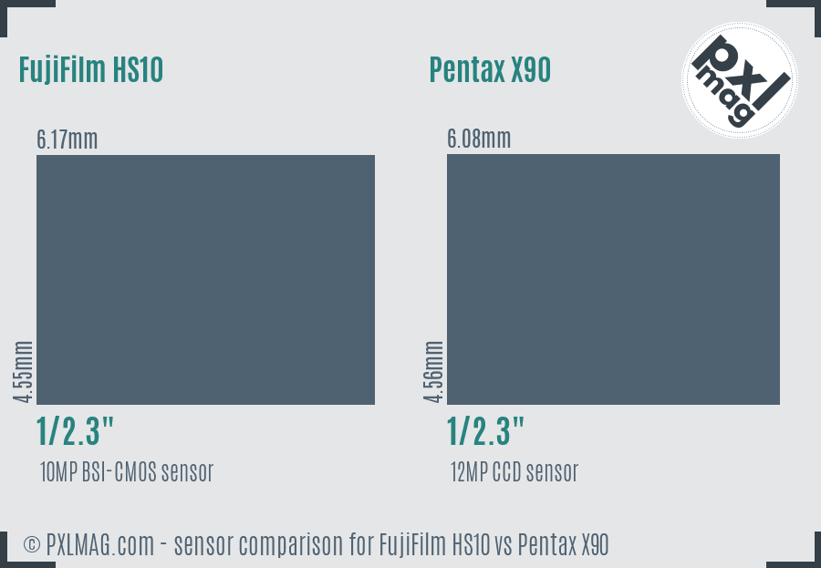 FujiFilm HS10 vs Pentax X90 sensor size comparison