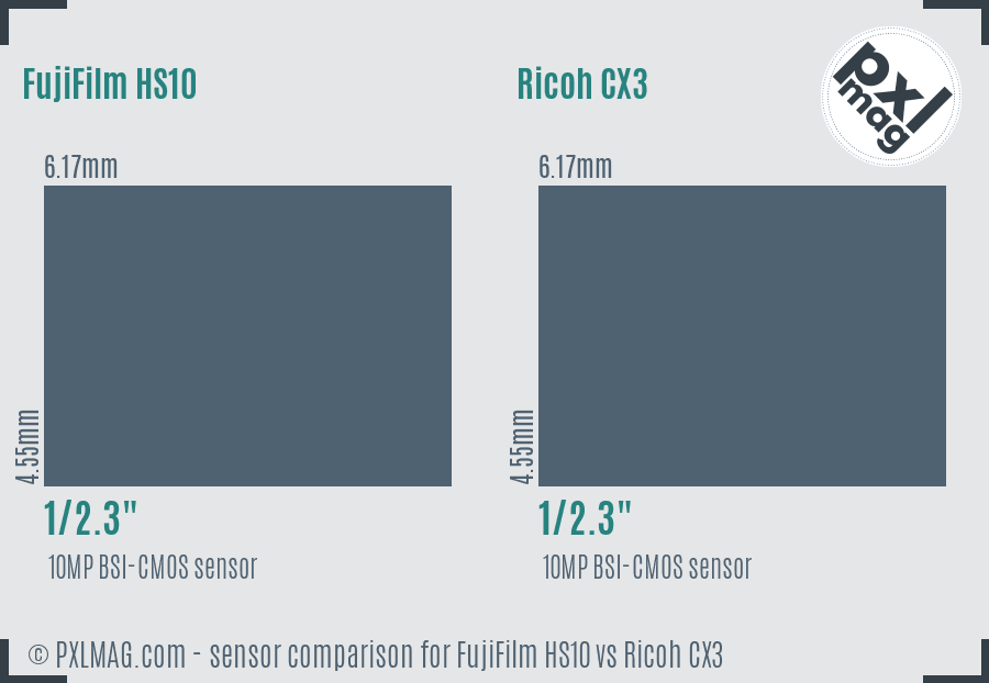 FujiFilm HS10 vs Ricoh CX3 sensor size comparison