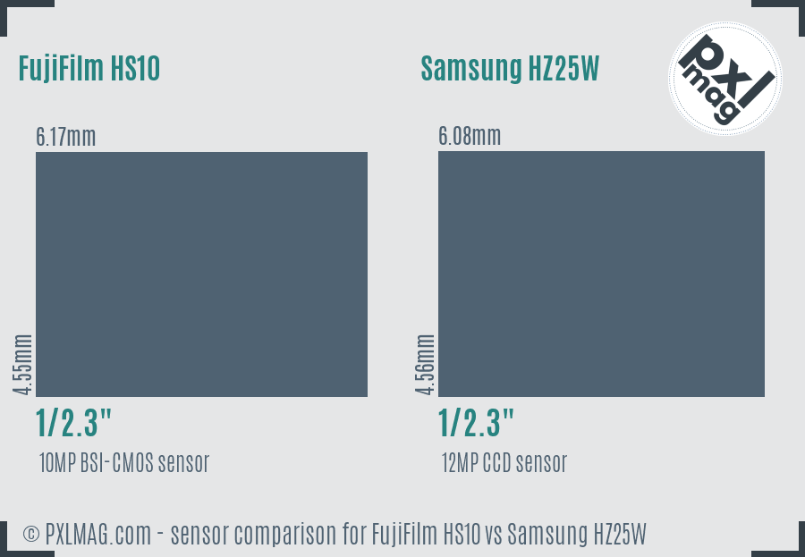 FujiFilm HS10 vs Samsung HZ25W sensor size comparison