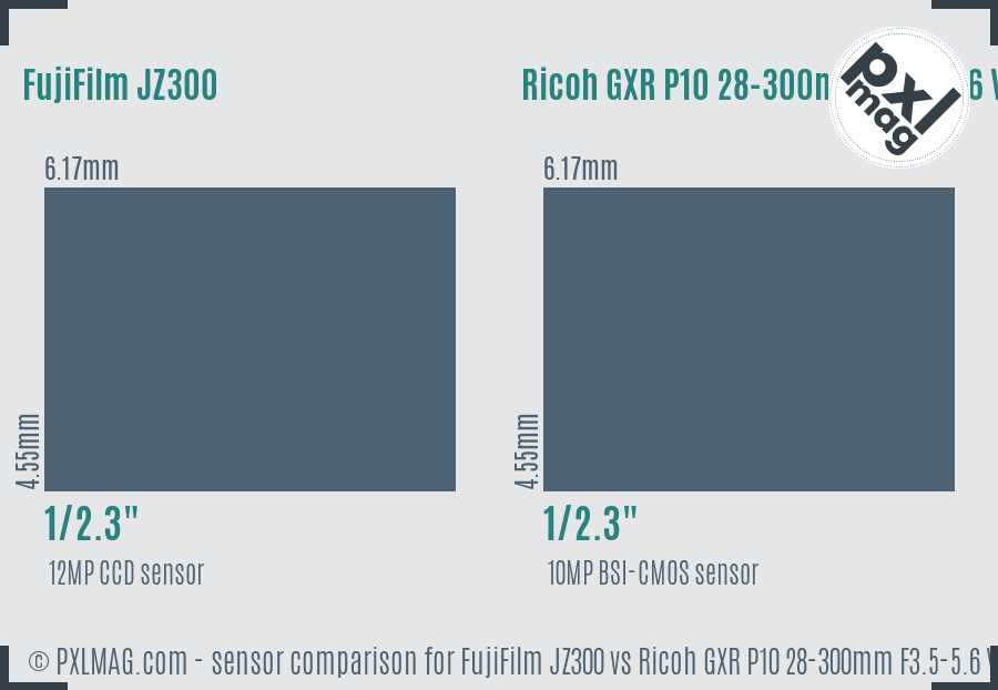 FujiFilm JZ300 vs Ricoh GXR P10 28-300mm F3.5-5.6 VC sensor size comparison