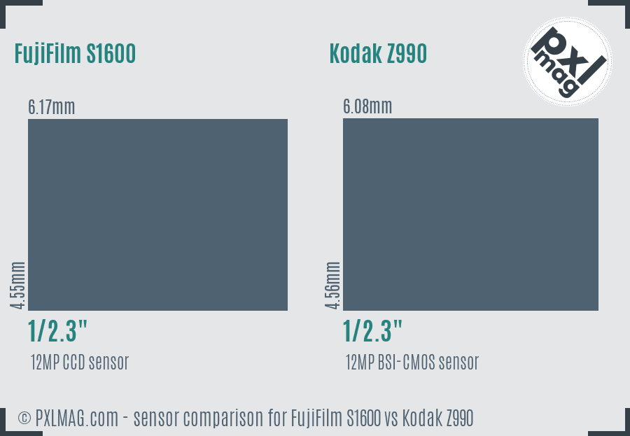 FujiFilm S1600 vs Kodak Z990 sensor size comparison