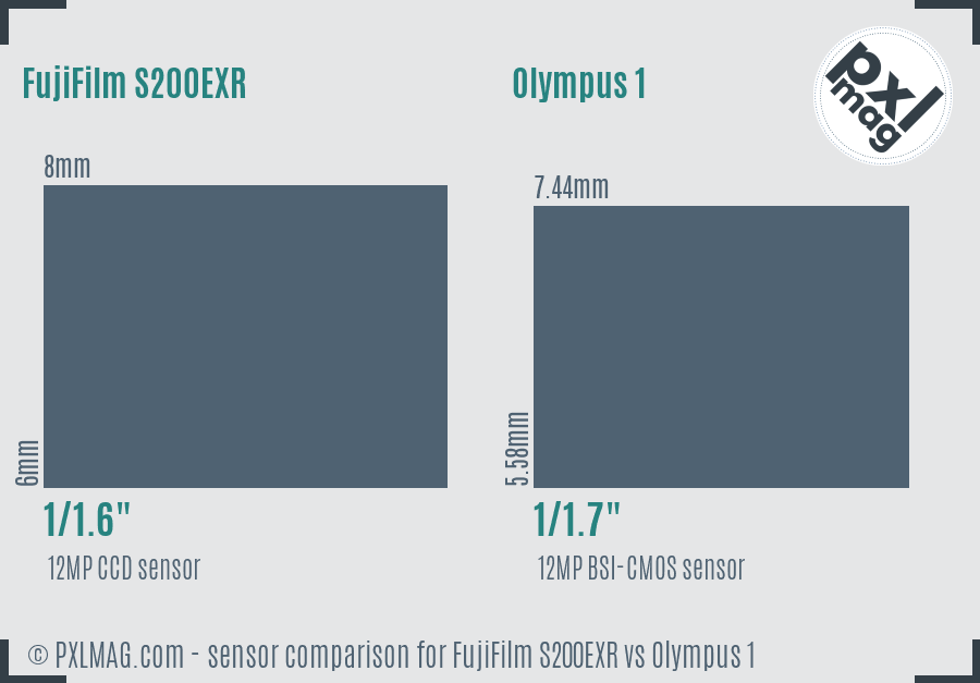 FujiFilm S200EXR vs Olympus 1 sensor size comparison