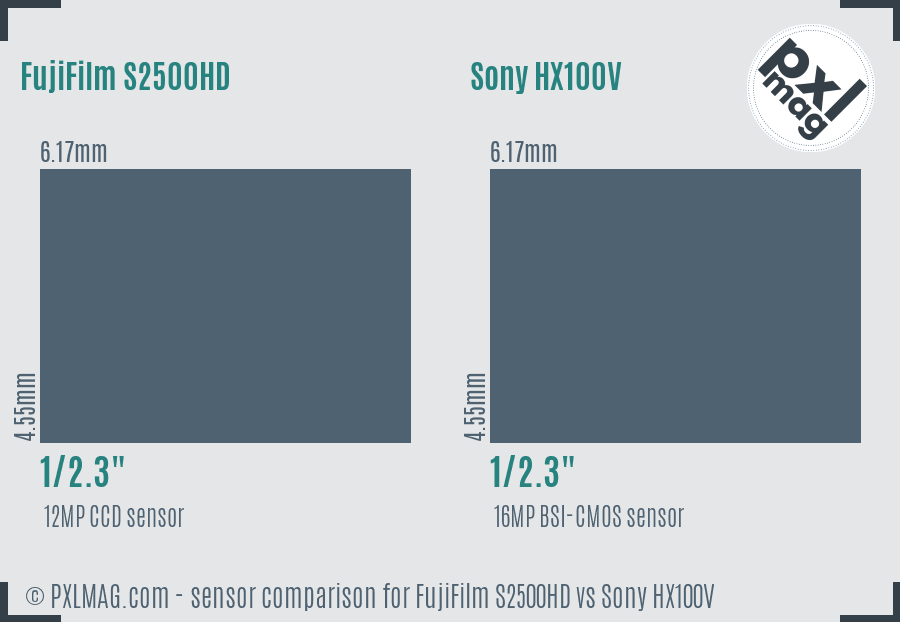 FujiFilm S2500HD vs Sony HX100V sensor size comparison