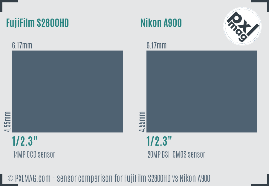 FujiFilm S2800HD vs Nikon A900 sensor size comparison
