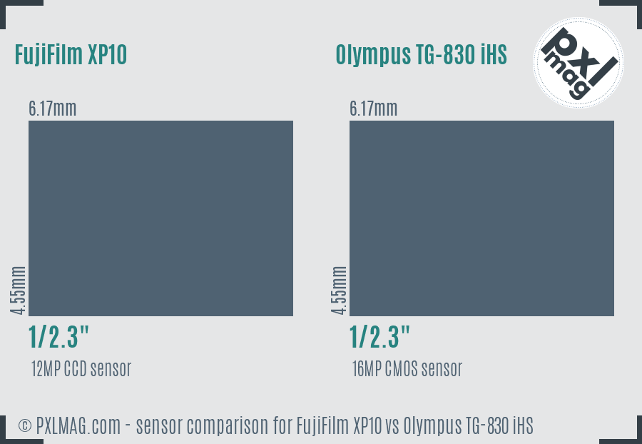 FujiFilm XP10 vs Olympus TG-830 iHS sensor size comparison