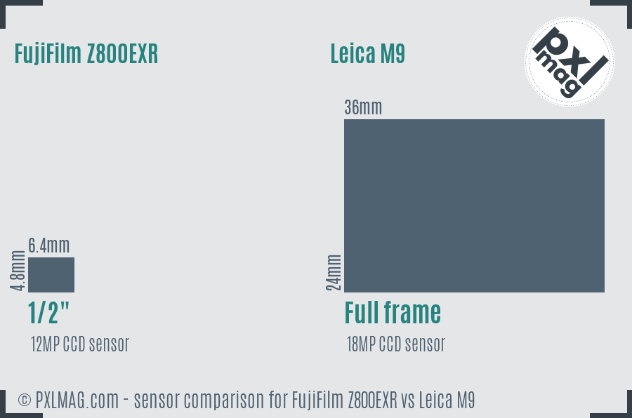 FujiFilm Z800EXR vs Leica M9 sensor size comparison