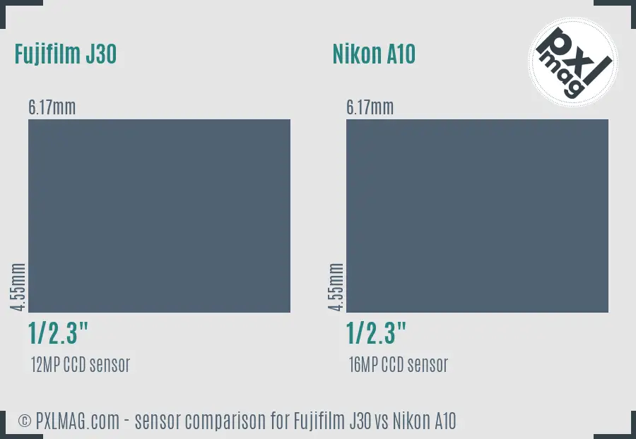 Fujifilm J30 vs Nikon A10 sensor size comparison