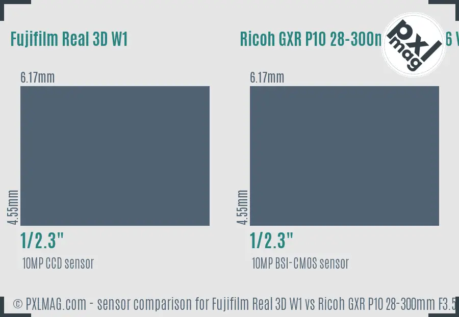 Fujifilm Real 3D W1 vs Ricoh GXR P10 28-300mm F3.5-5.6 VC sensor size comparison