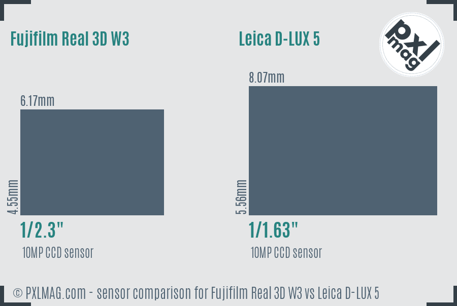 Fujifilm Real 3D W3 vs Leica D-LUX 5 sensor size comparison