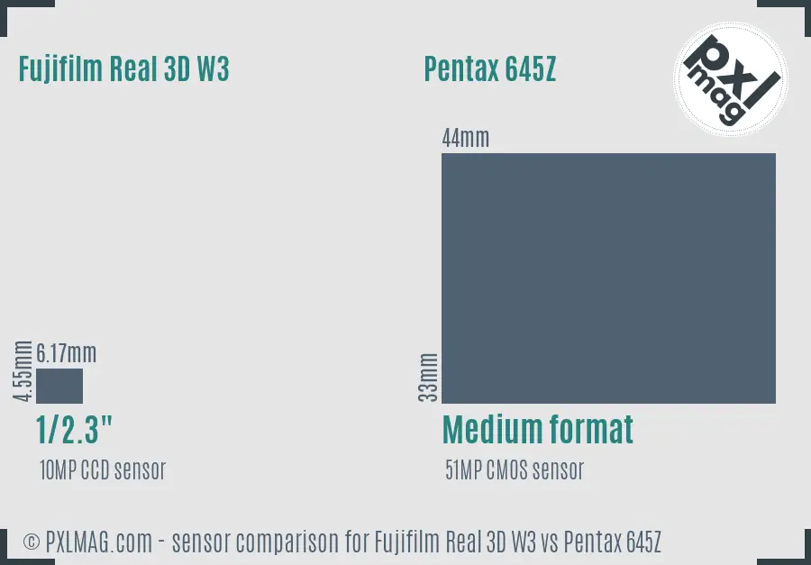 Fujifilm Real 3D W3 vs Pentax 645Z sensor size comparison